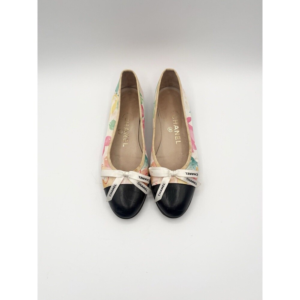 Chanel Floral Ballet Flats Black Cap Toe Logo Ribbon Bow Accent Size EU 36.5